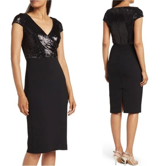 Dress the Population Dresses & Skirts - NWT Dress The Population Jaleah Black Sequin V-Neck Bodycon Midi Dress Size L